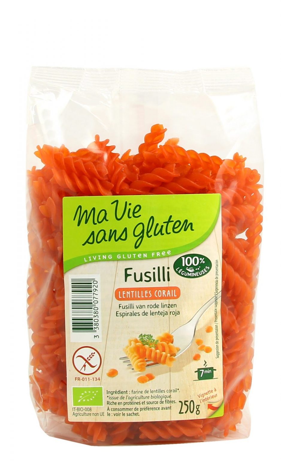 Ma vie sans gluten Pâte Fusilli lentilles corail 250g Ma Vie Sans Gluten