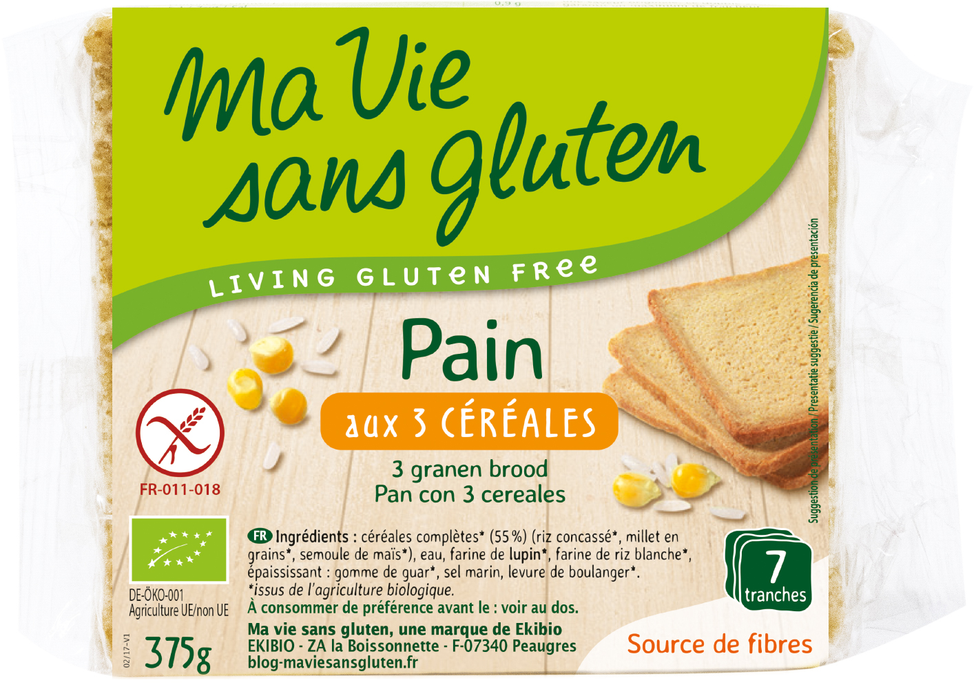 Ma vie sans gluten - Pain - Pain bio aux 3 céréales 375 g