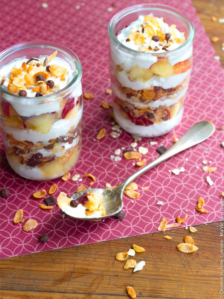 Trifle aux pêches et muesli chocolat sans gluten - Ma Vie Sans Gluten