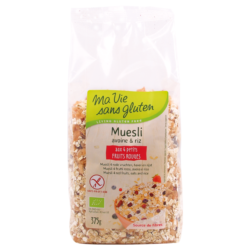 Muesli bio aux 4 petits fruits rouges – avoine et riz – 375g - Ma Vie Sans  Gluten